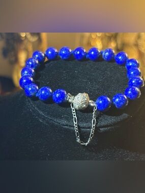 Lapis Lazuli Beaded Bracelet with Silver Pavé Clasp